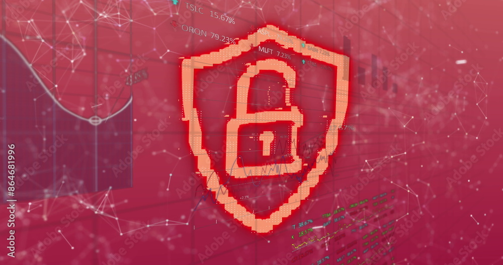 Poster image of security padlock icon and network of connections against statistical data processing