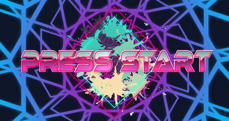 Image of press start text on rhombuses and color splash and abstract pattern on black background