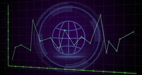 Image of graphs, globe, cyber security text and shield in loading circles over black background