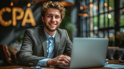 Fototapeta premium CEO- CFO - Business Executive - Auditor - CPA - Meeting clients in a high-end lobby - natural light - blurred background - smiling and confident 
