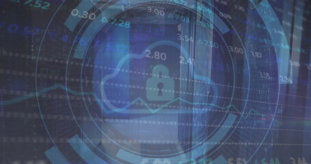 Image of padlock, cloud in loading circles and trading board over data server room