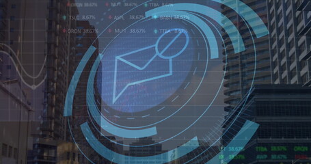 Image of envelope in loading circles, graphs and trading boards over modern city against sky