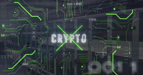 Image of circuit board pattern, binary codes and crypto text over server room