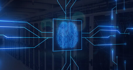Image of circuit board pattern brain over data server racks in server room