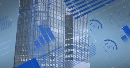 Image of blue colored infographic interface over modern buildings against sky