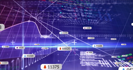 Image of social media icons, statistical, stock market data processing against blue background