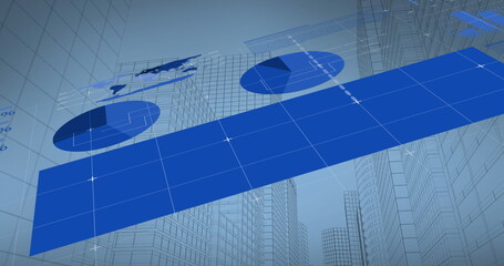 Image of infographic interface over low angle view of modern buildings against sky