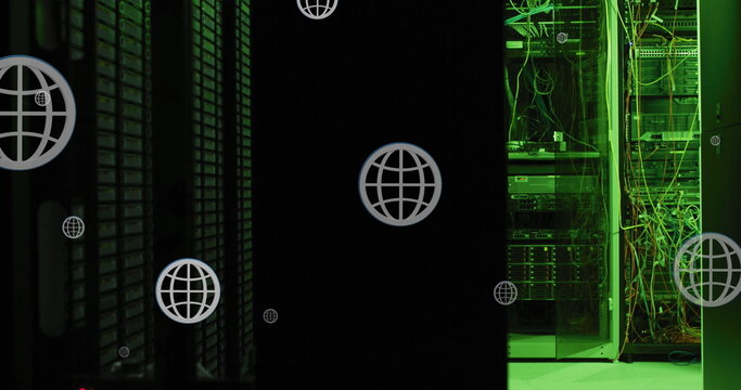Image of globes over data illuminated server systems in data server room