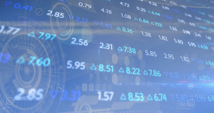 Image of trading board with loading circles and hexagons against blue background