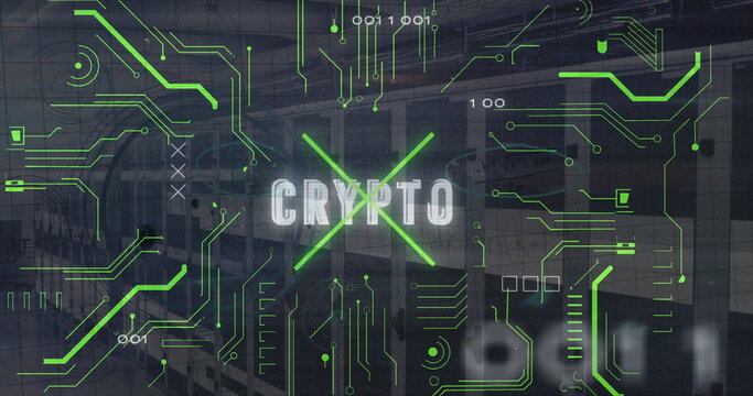 Image of circuit board pattern, binary codes and crypto text over server room