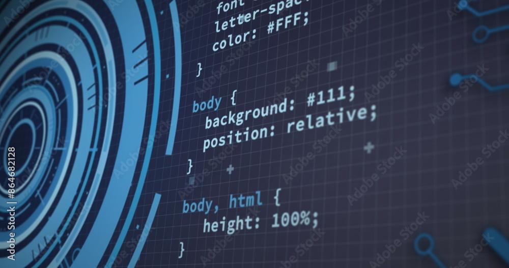 Poster image of round scanner, data processing and microprocessor connections on blue background