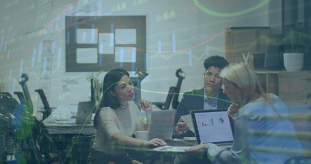 Image of stock market data processing over group of diverse colleagues discussing at office