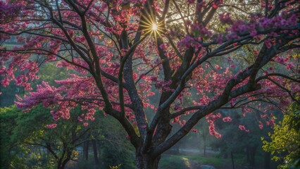 A vibrant tree with pink flowers illuminated by morning light, surrounded by a mystical background