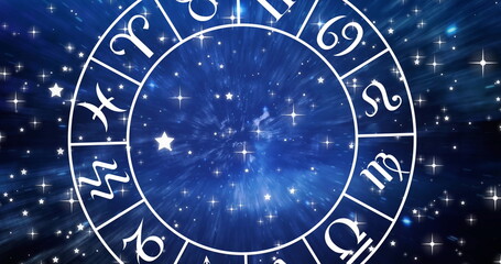 Image of zodiac wheel on starry night sky
