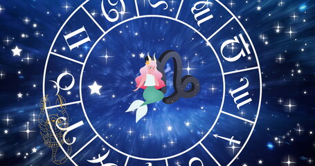 Image of pisces star sign in zodiac wheel on starry night sky