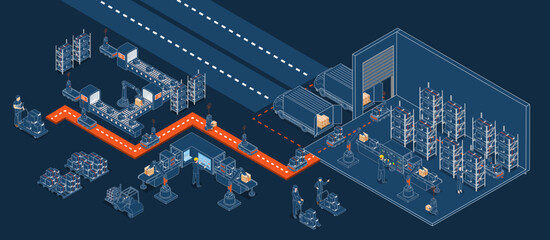 Automated warehouse robotic and autonomous robot transportation service concept with Automated Guided Vehicles (AGVs) and Autonomous Mobile Robots (AMRs). Vector illustration EPS 10