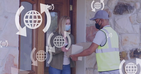 Image of media icons over caucasian woman with face mask taking package