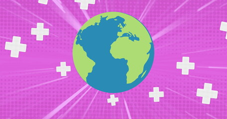 Fototapeta premium Image of globe over falling crosses on pink background