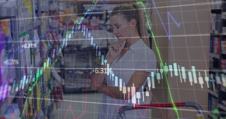 Image of data processing over caucasian woman in shop