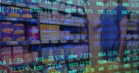 Image of data processing over caucasian woman in shop