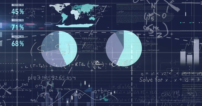 Image of statistical data processing and mathematical equations against blue background