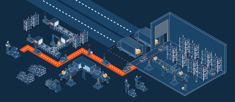 Automated warehouse robotic and autonomous robot transportation service concept with Automated Guided Vehicles (AGVs) and Autonomous Mobile Robots (AMRs). Vector illustration EPS 10
