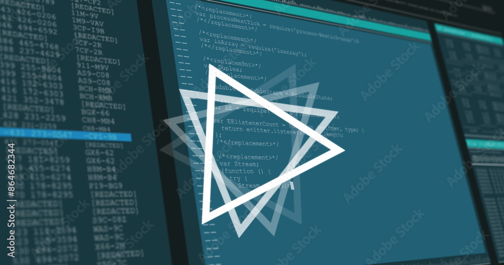 Poster image of triangle rotating over data processing on computer screens