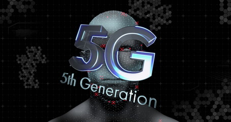 Image of 5g text over shapes and digital human on black background