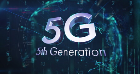 Image of 5g text over globe  on black background
