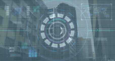 Image of data processing over cityscape