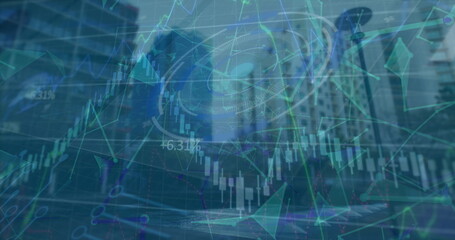 Image of data processing over cityscape