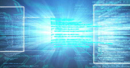 Image of data processing and light over blue background