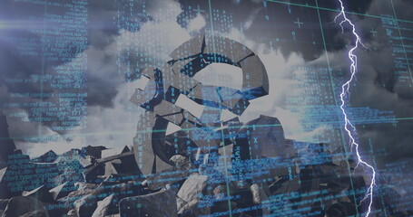 Image of data processing over flashes and euro made of stone