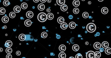 Image of euros blinking on black background with icons and connections