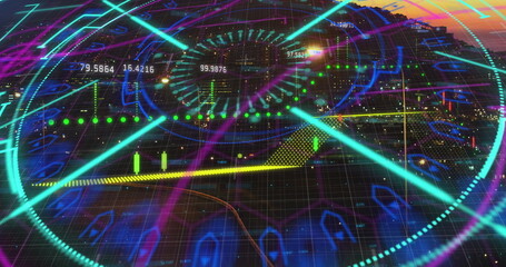 Image of data processing over night cityscape