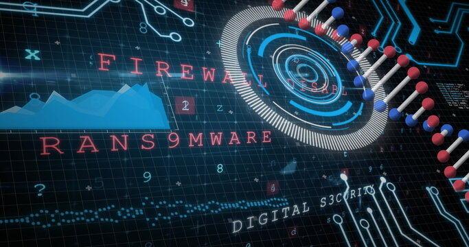 Image of dna, scanning and data processing on navy background