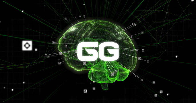 Image of 5g text over digital brain on black background