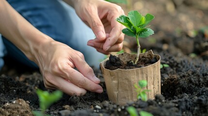 Hands planting tree seedling in recycled pot, symbolizing hope, sustainability, and a greener future.
