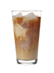 Tasty iced latte in glass isolated on white