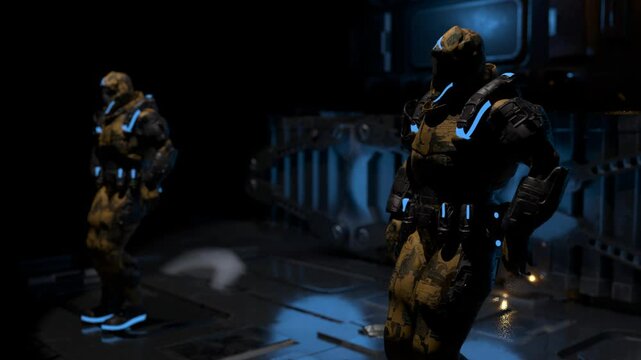 dancing soldiers, space guards, dark background, 3d rendering
