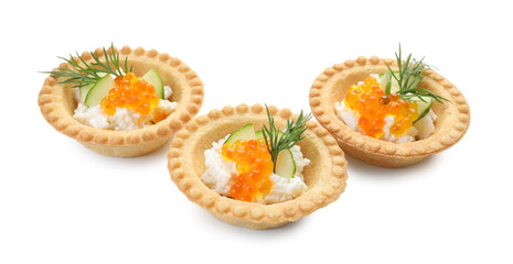 Delicious canapes with red caviar isolated on white