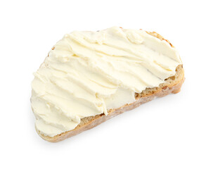 Piece of bread with cream cheese isolated on white, top view