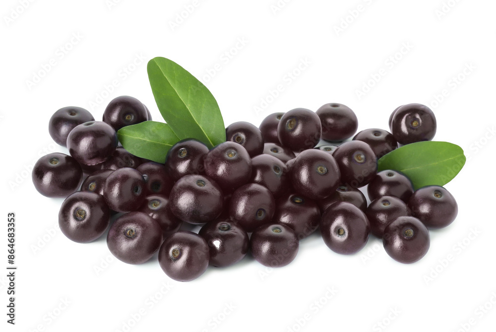 Wall mural fresh ripe acai berries and green leaves isolated on white - Wall murals