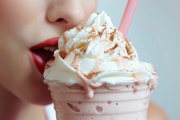 A mouth taking a sip of a milkshake