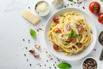 fresh spaghetti pasta with basil tomatoes and parmesan cheese top view culinary gourmet meal