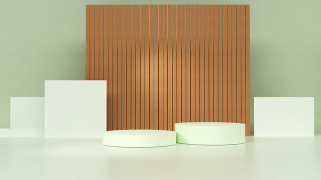 2 soportes para exhibir productos en color verde y madera. Representaci&oacute;n 3D para pancartas y folletos para promoci&oacute;n en redes sociales. Recurso gr&aacute;fico.