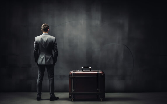 A man standing in front of a wall with a briefcase