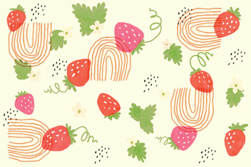 Strawberries abstract pattern. Vector watercolor illustration with berries and leaves. Watercolor Strawberry Pattern. 