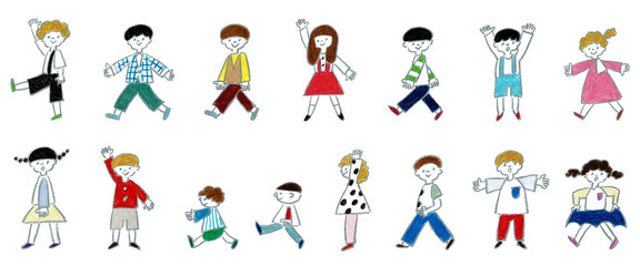 手書きイラストのセット　色々な子供の全身ポーズ　