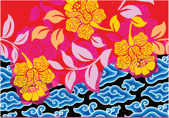 Design Motif Mega Mendung, batik motif typical of West Java Indonesia, curved line pattern with cloud objects, with developments and various artistic colors